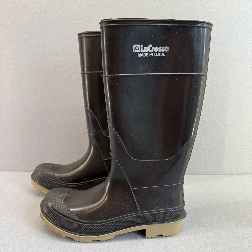 Vintage LaCrosse Rubber Boots Made in USA Black‎ Tan Sole Rain Barn Work Mens 8